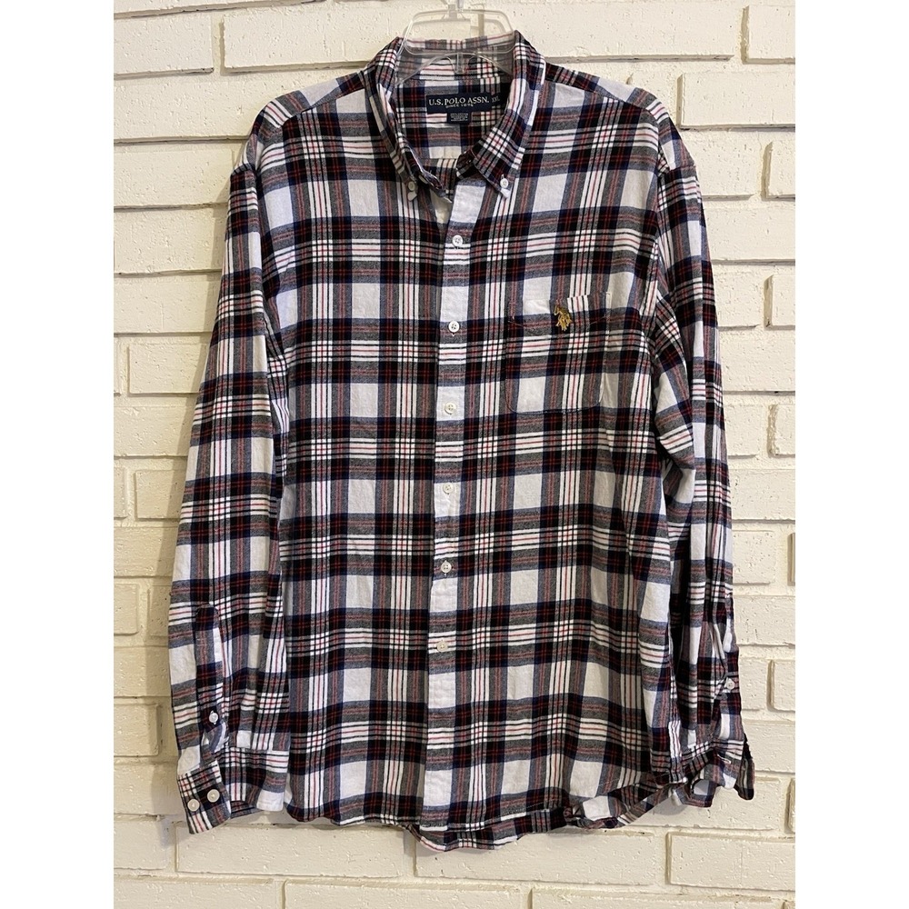 US Polo Assn Shirt Men XXL Flannel Long Sleeve Button Up Stretch Red Black Plaid
